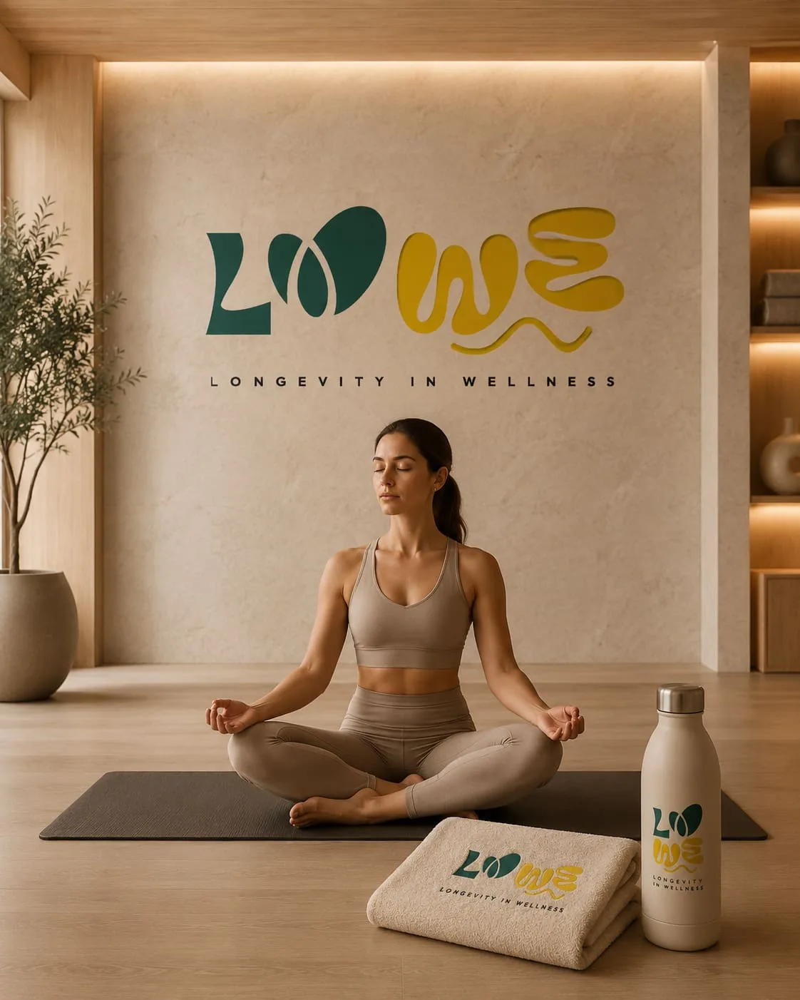Identità visiva LOWE nello studio yoga e negli spazi wellness