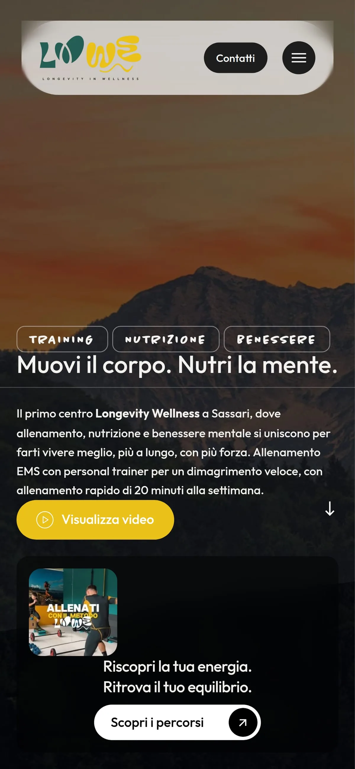 La home di LOWE da smartphone: «Muovi il corpo. Nutri la mente.» sopra i tre percorsi