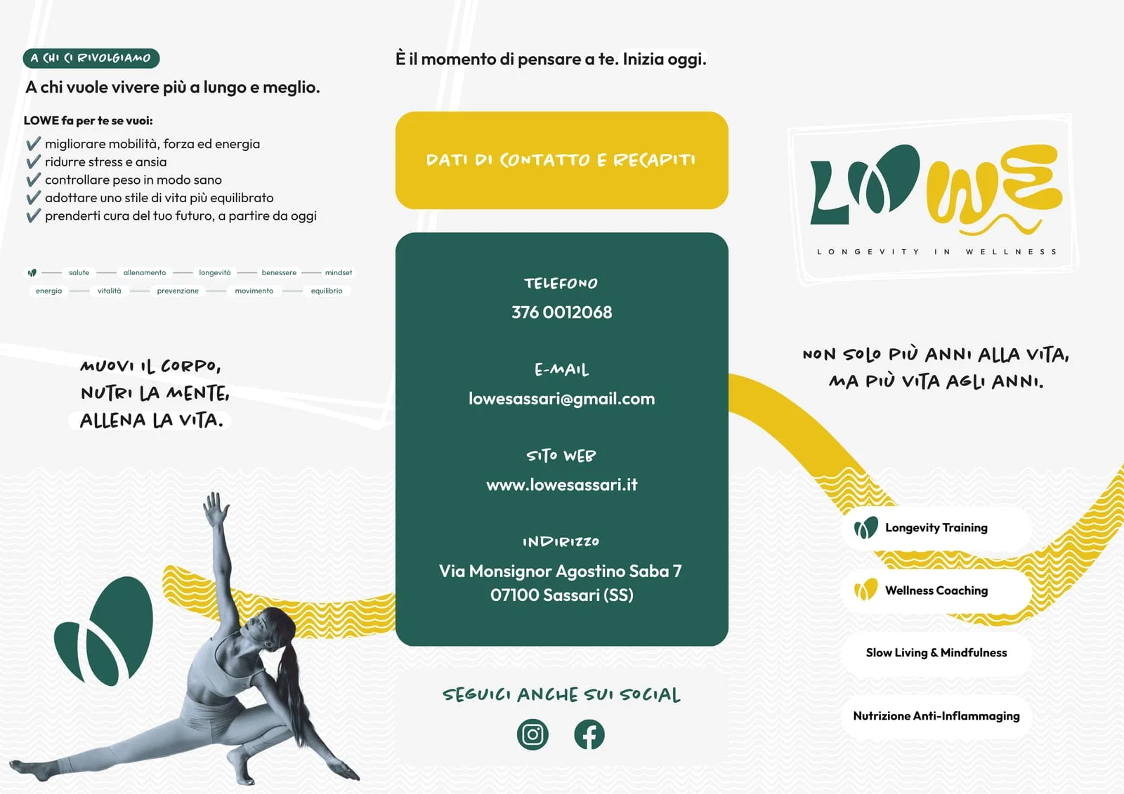 L'esterno della brochure LOWE: i benefici del percorso, i recapiti del centro e la frase «Muovi il corpo, nutri la mente, allena la vita»