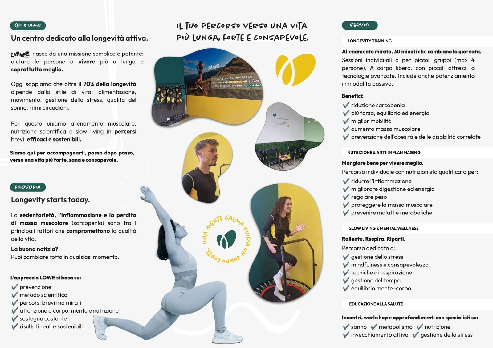 L'interno della brochure: il metodo LOWE spiegato nei quattro percorsi — training, nutrizione anti-inflammaging, slow living, educazione alla salute