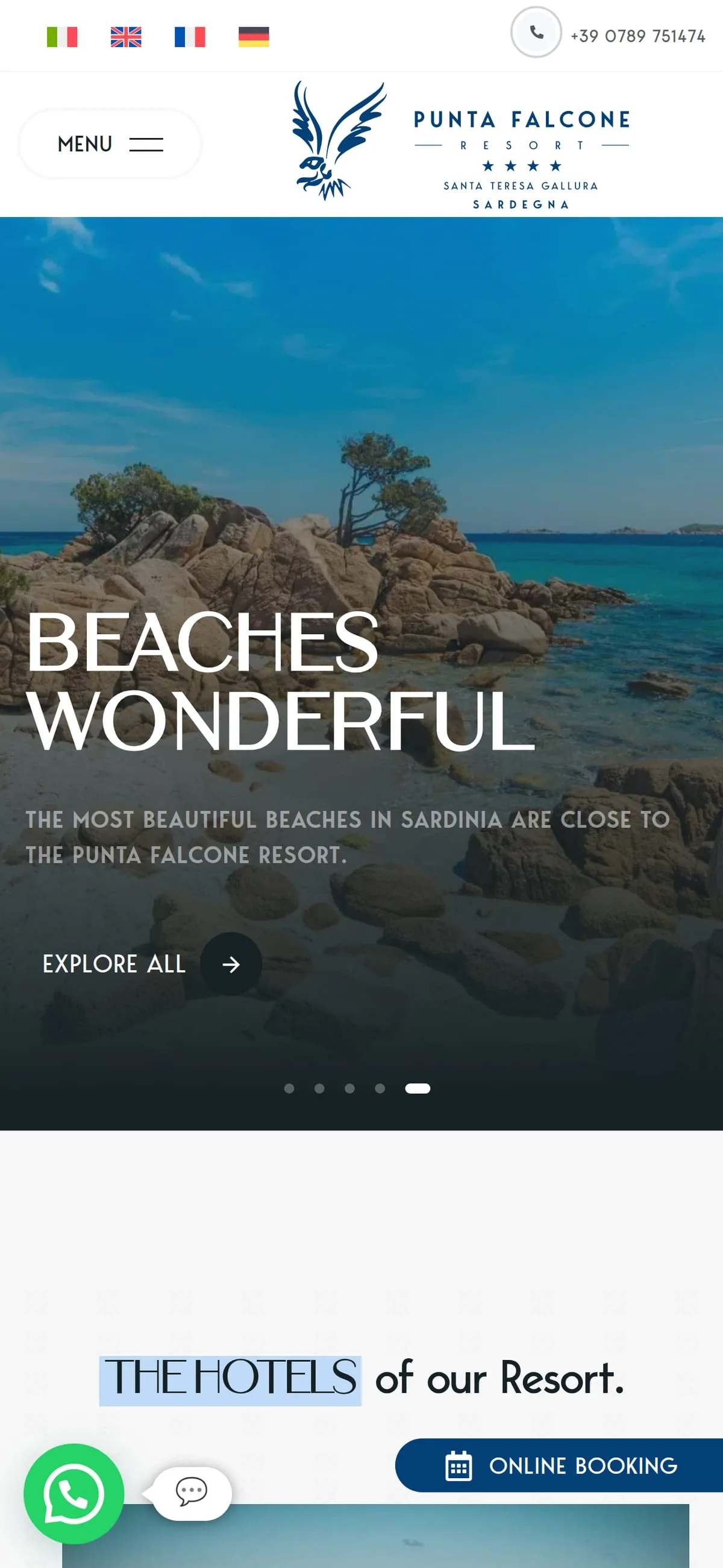 The resort home page on a smartphone, from opening to contacts