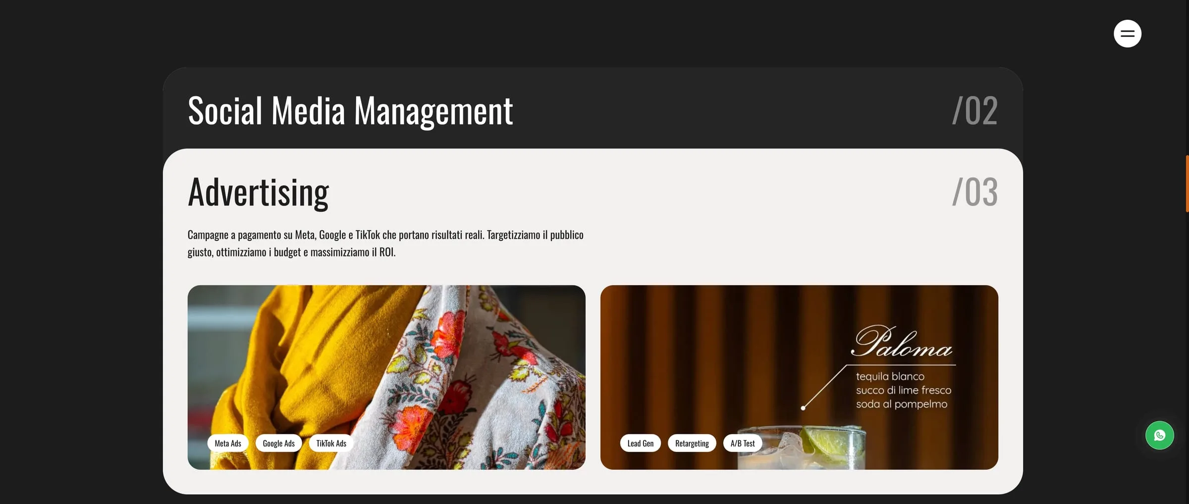 The same services stacked as numbered cards: «Social Media Management /02» closed and «Advertising /03» open, with two photographs of the work and the tags Meta Ads, Google Ads, TikTok Ads, Lead Gen, Retargeting, A/B Test