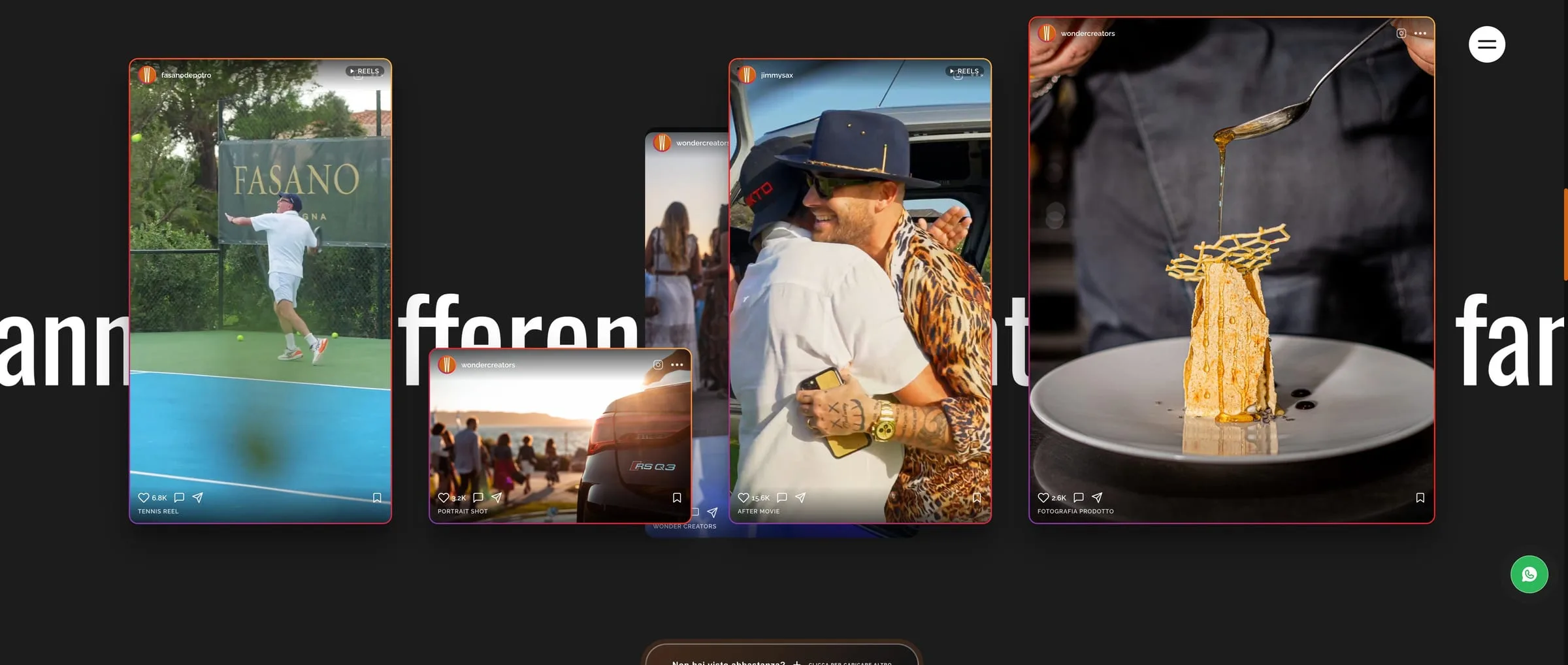 The portfolio as a feed: five real Instagram posts with handle, likes and saves — a tennis reel, a portrait, the after movie of an event, a food shot — scattered over a scrolling line of type