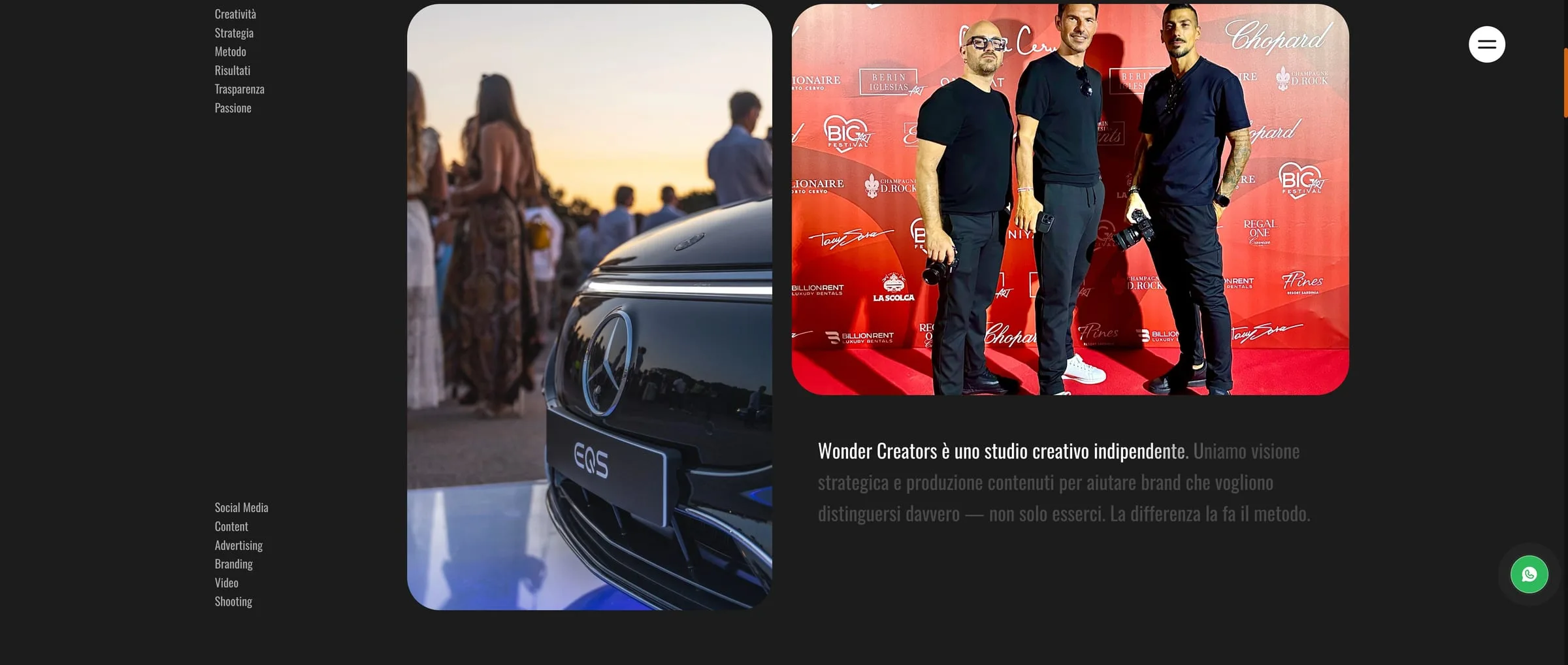 The «about» band: an event photograph, the three of them with cameras in front of a sponsor backdrop, and the line «Wonder Creators is an independent creative studio»