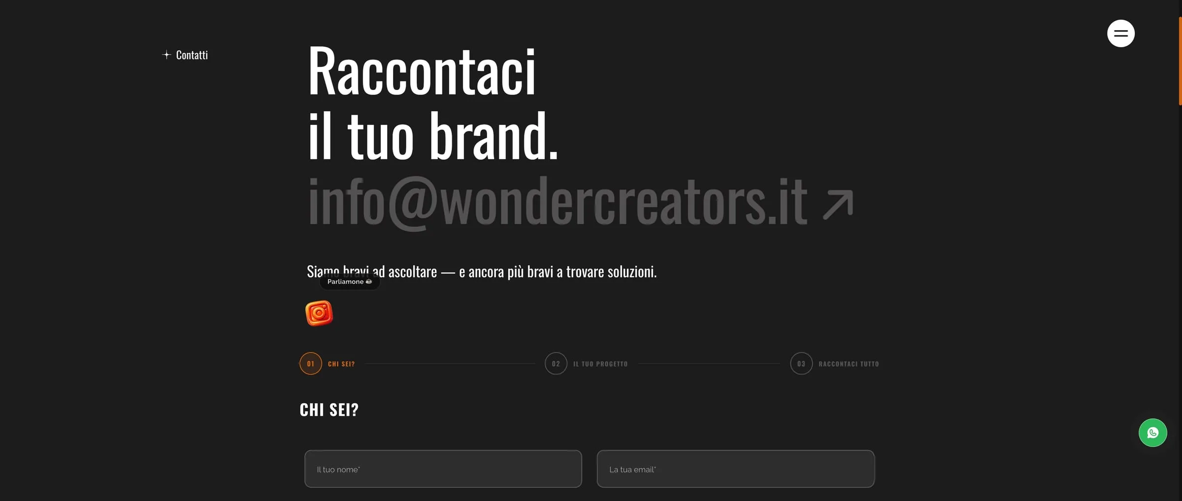 The contact page: «tell us about your brand», the address info@wondercreators.it set large, and the request in three numbered steps — who you are, your project, tell us everything — starting with a name and an email