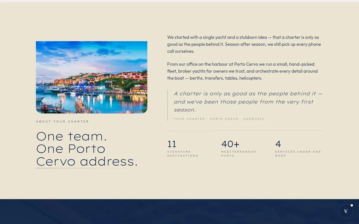 La sezione «One team. One Porto Cervo address.»: il porto, il racconto del team e le cifre — 11 destinazioni, 40+ porti, 4 servizi