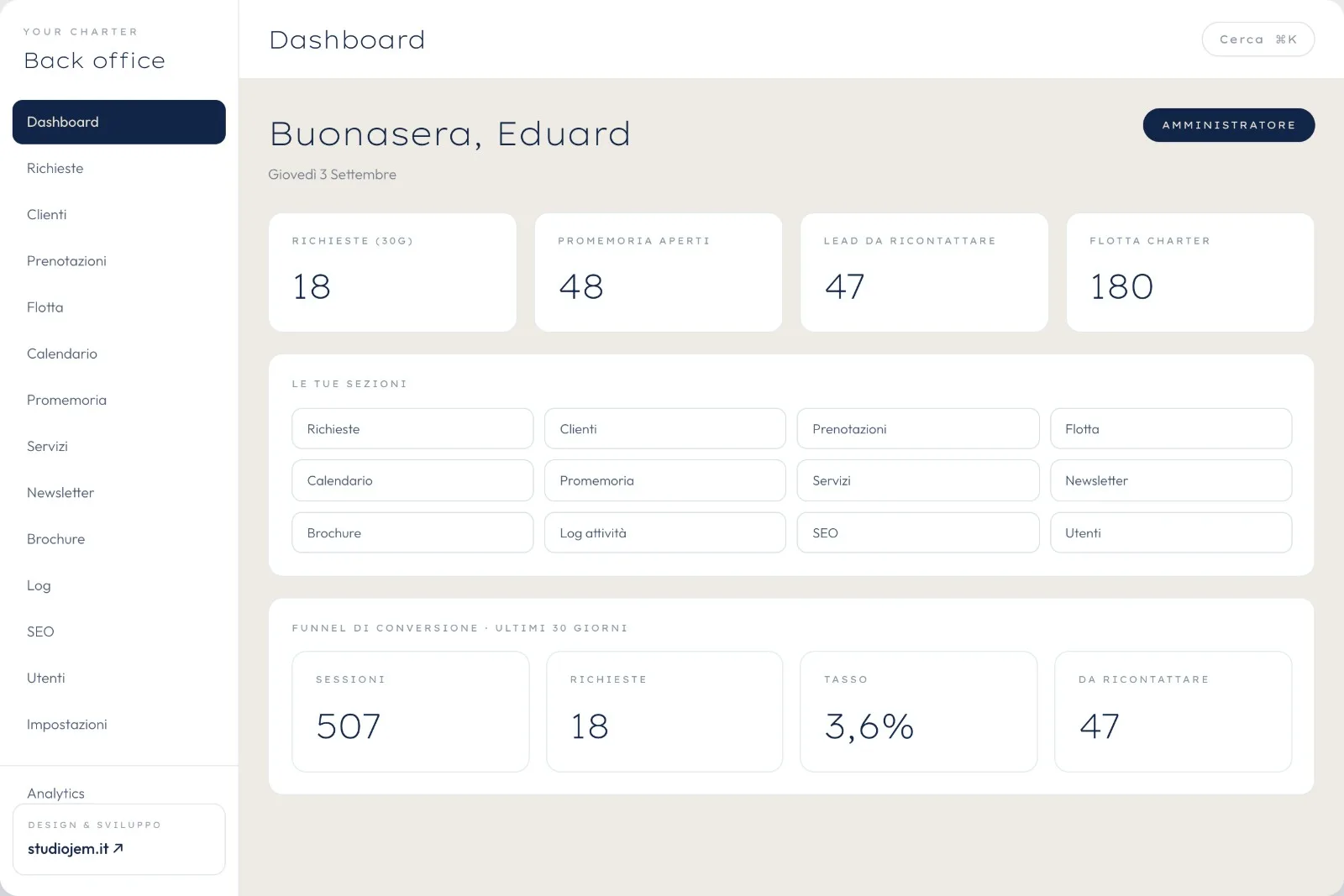 La dashboard del gestionale interno: richieste aperte, stato delle trattative e disponibilità della flotta