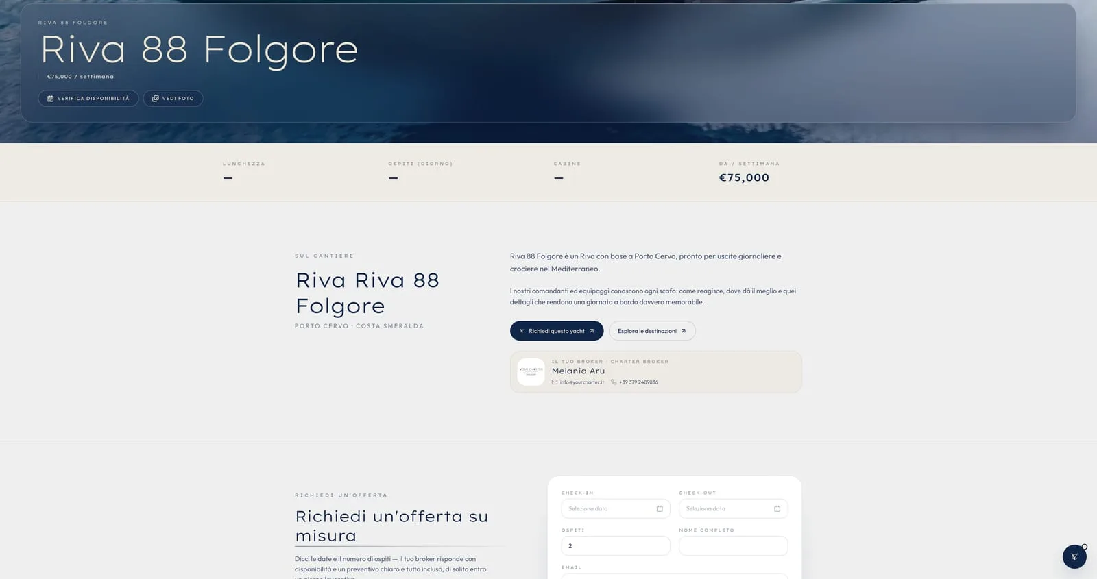 La scheda del Riva 88 Folgore: la fascia con lunghezza, porto, cabine e tariffa settimanale, la descrizione, il broker di riferimento e il modulo per l'offerta