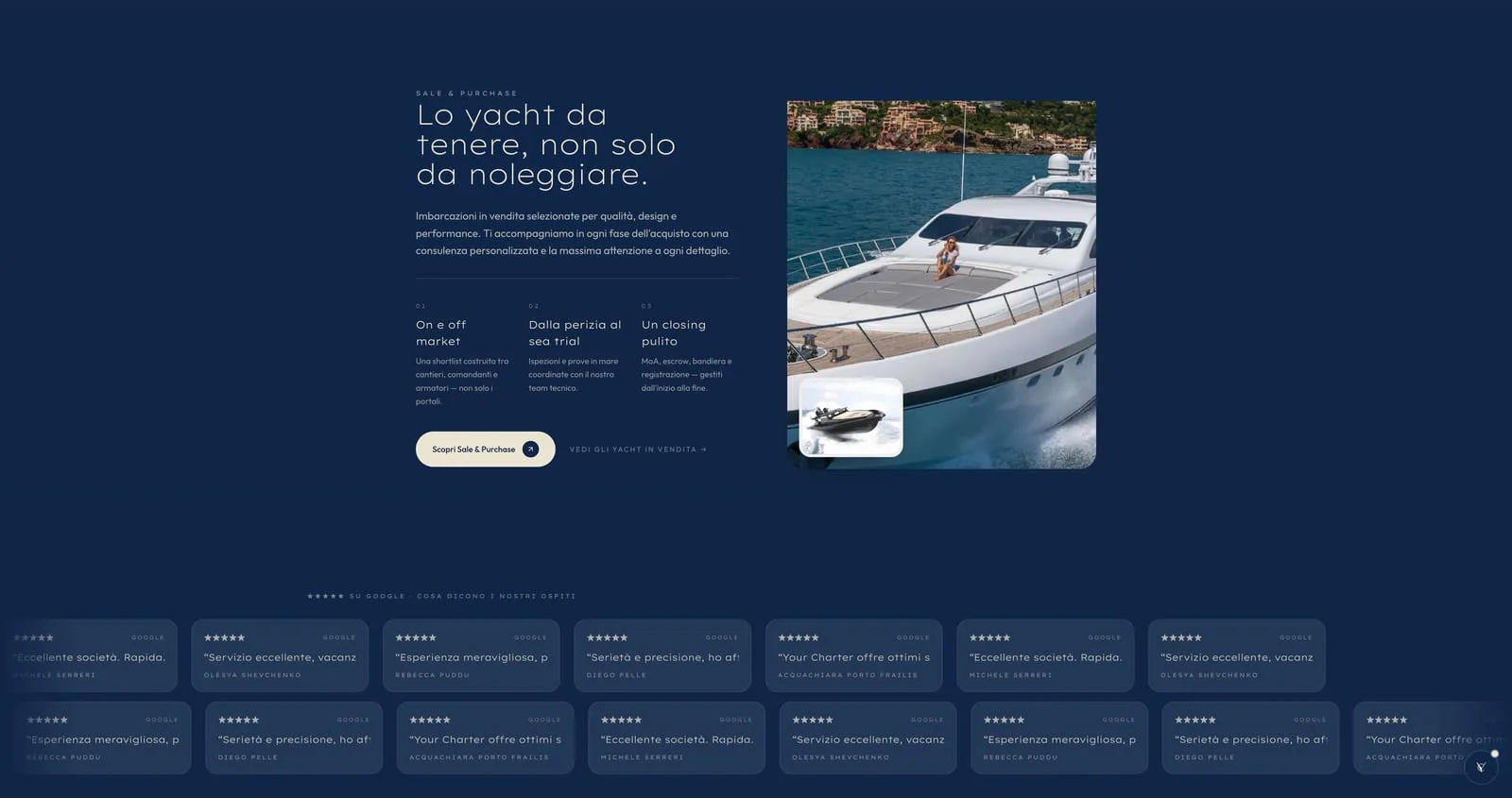 La sezione «Lo yacht da tenere, non solo da noleggiare» — mercato, perizia, closing — sopra il muro delle recensioni