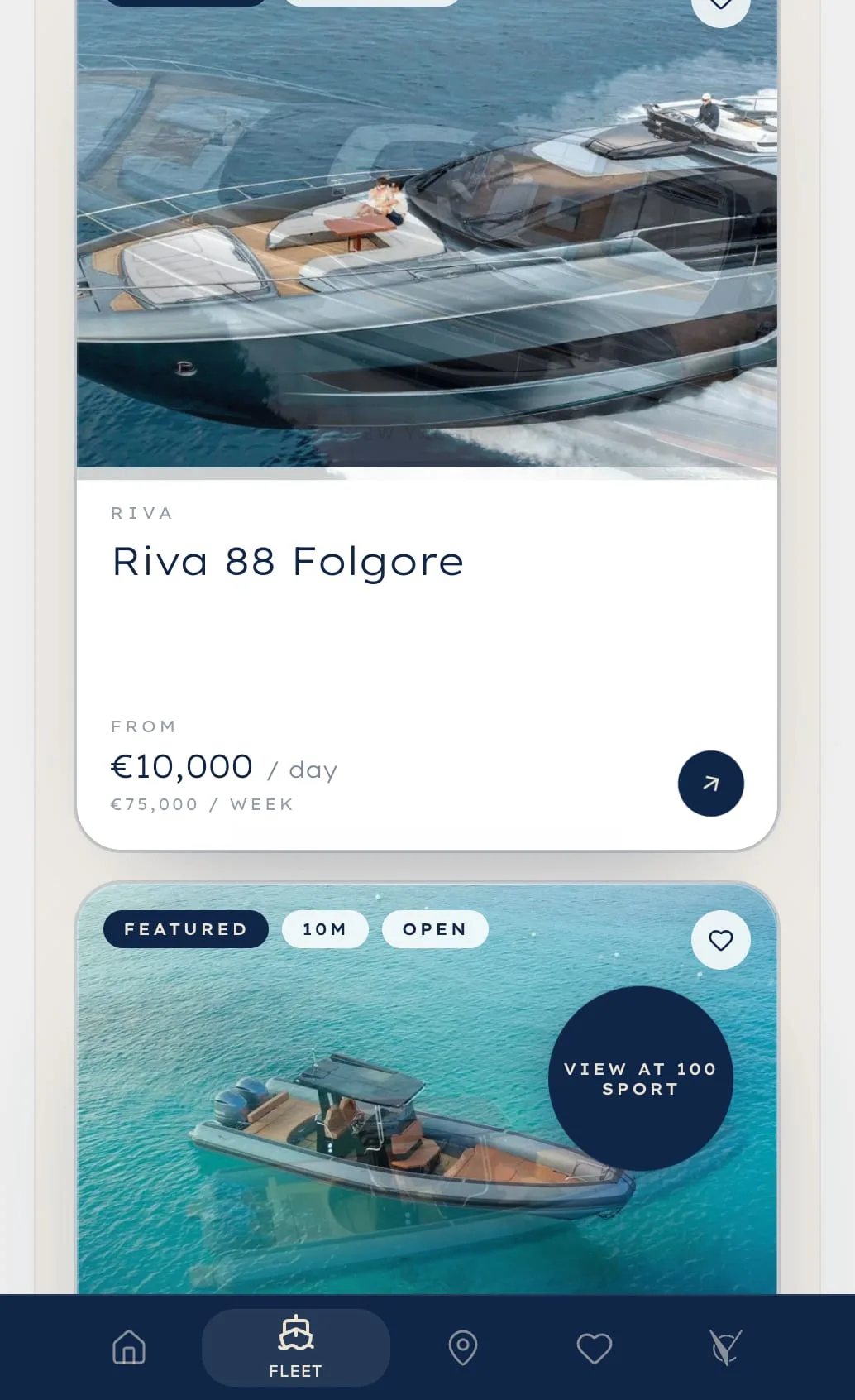 Il catalogo della flotta su smartphone: la scheda del Riva 88 Folgore con tariffa giornaliera e settimanale