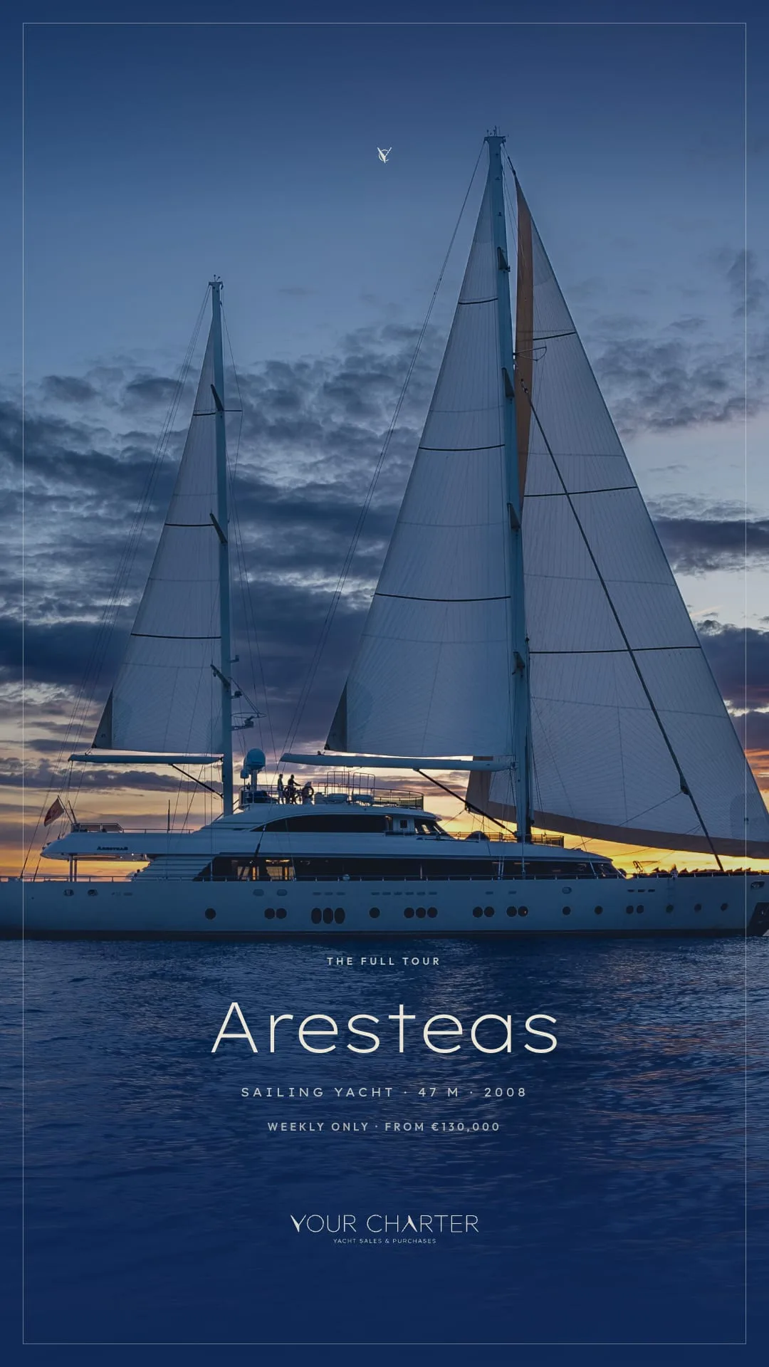 La cover reel del full tour di Aresteas: il veliero di 47 metri controluce al tramonto, noleggio settimanale da 130.000 euro