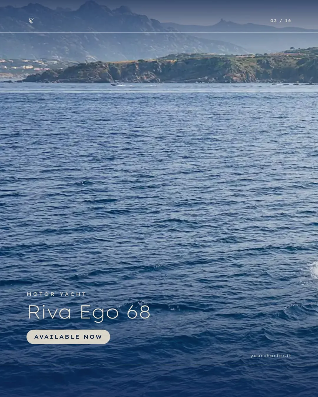 Prima delle tre tavole del panorama: mare aperto e costa lontana, con il nome della barca e «available now»