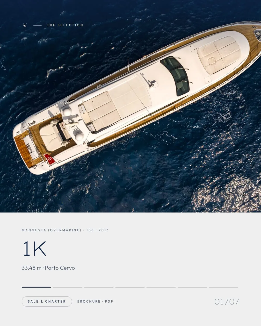 1K, Mangusta 108 del 2013: ripresa aerea dall'alto, 33,48 metri, Porto Cervo, in vendita e a noleggio