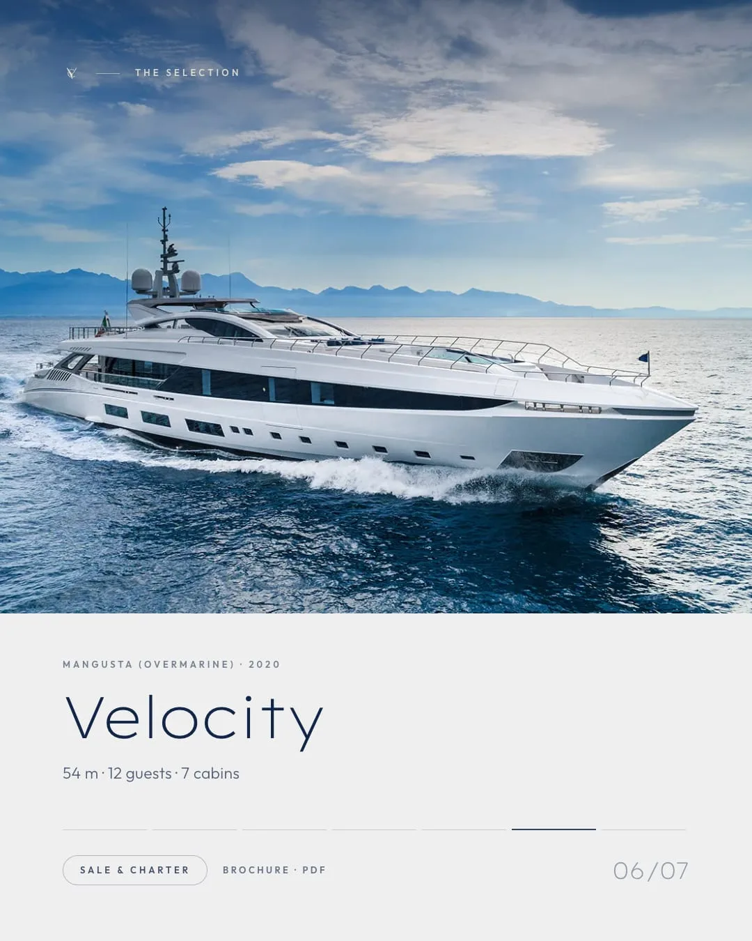 Velocity, Mangusta Overmarine del 2020: 54 metri, 12 ospiti, 7 cabine, in navigazione