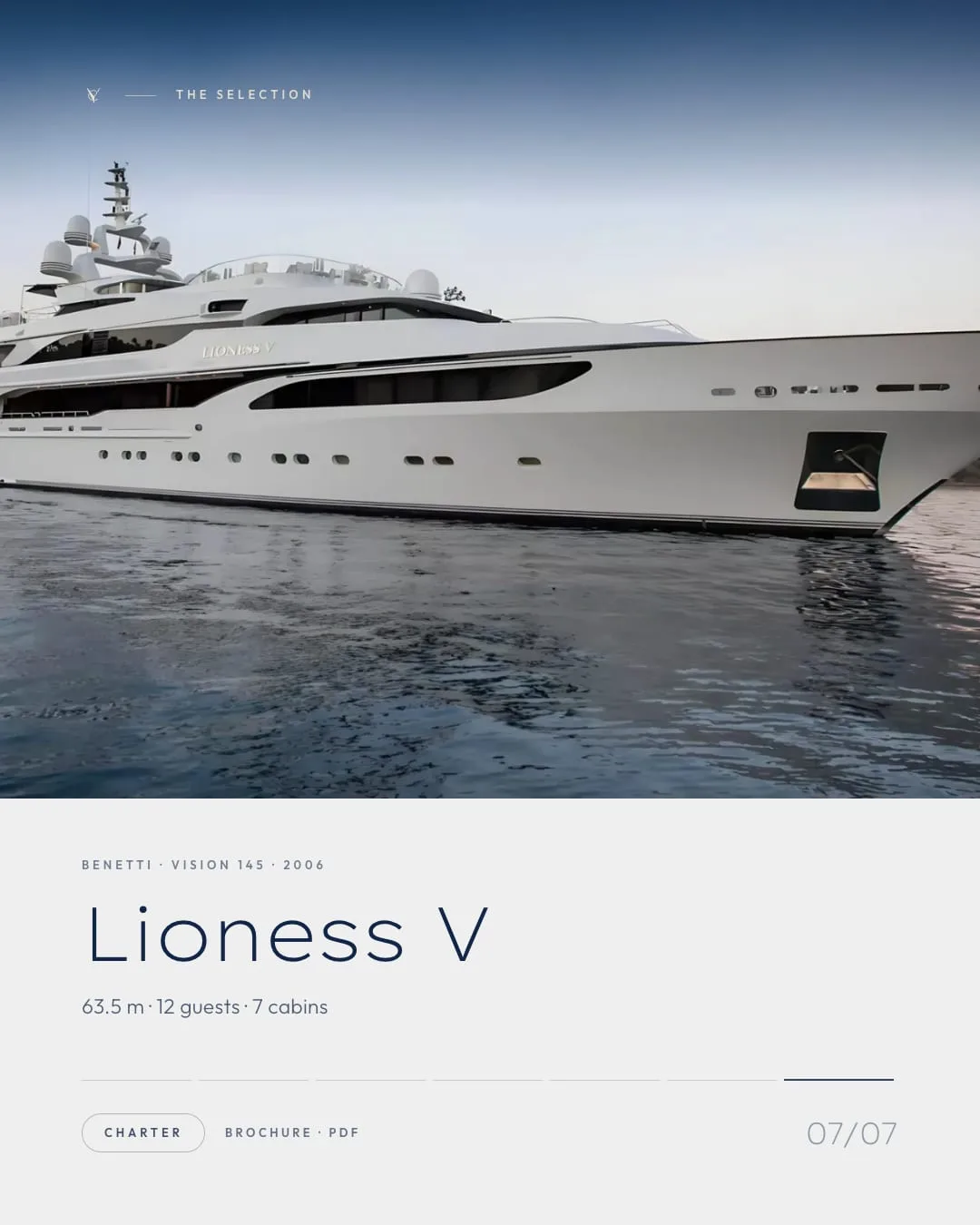 Lioness V, Benetti Vision 145 del 2006: 63,5 metri, 12 ospiti, 7 cabine