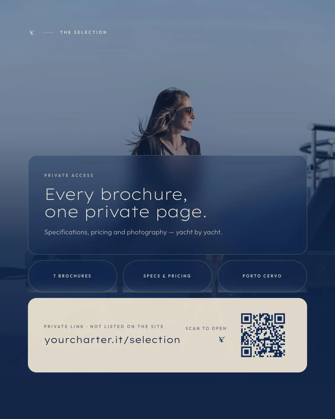 La chiusura: «Every brochure, one private page» con il QR verso la pagina privata yourcharter.it/selection