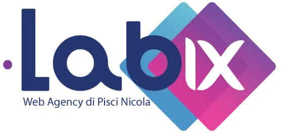 Il logo di Labix prima del restyling: lettere blu scuro, due rombi sfumati dal celeste al viola e al rosa, e sotto una riga col nome del titolare.