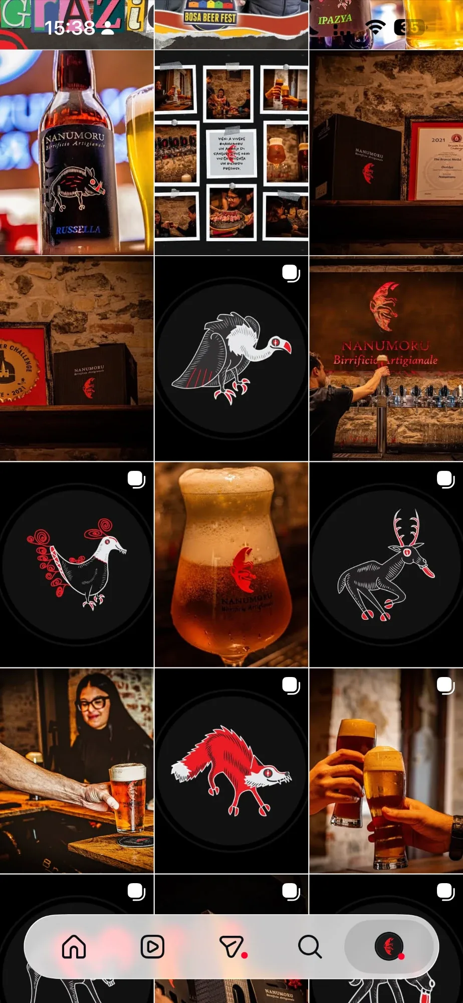 Il feed del birrificio: bottiglie fotografate in studio, gli animali illustrati del marchio, le spillature e le serate al pub