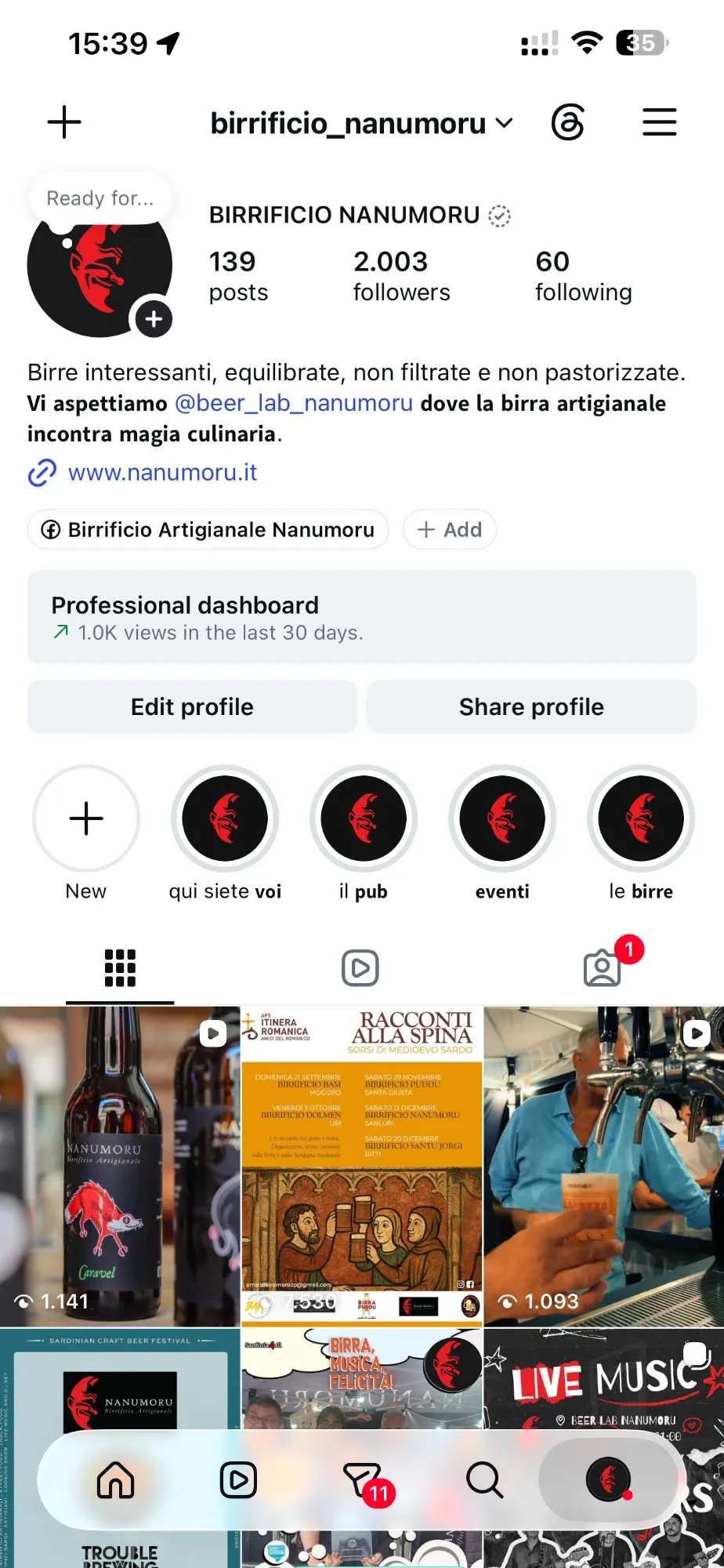 Il profilo Instagram di Birrificio Nanumoru: duemila follower, la bio del birrificio artigianale e le storie in evidenza illustrate
