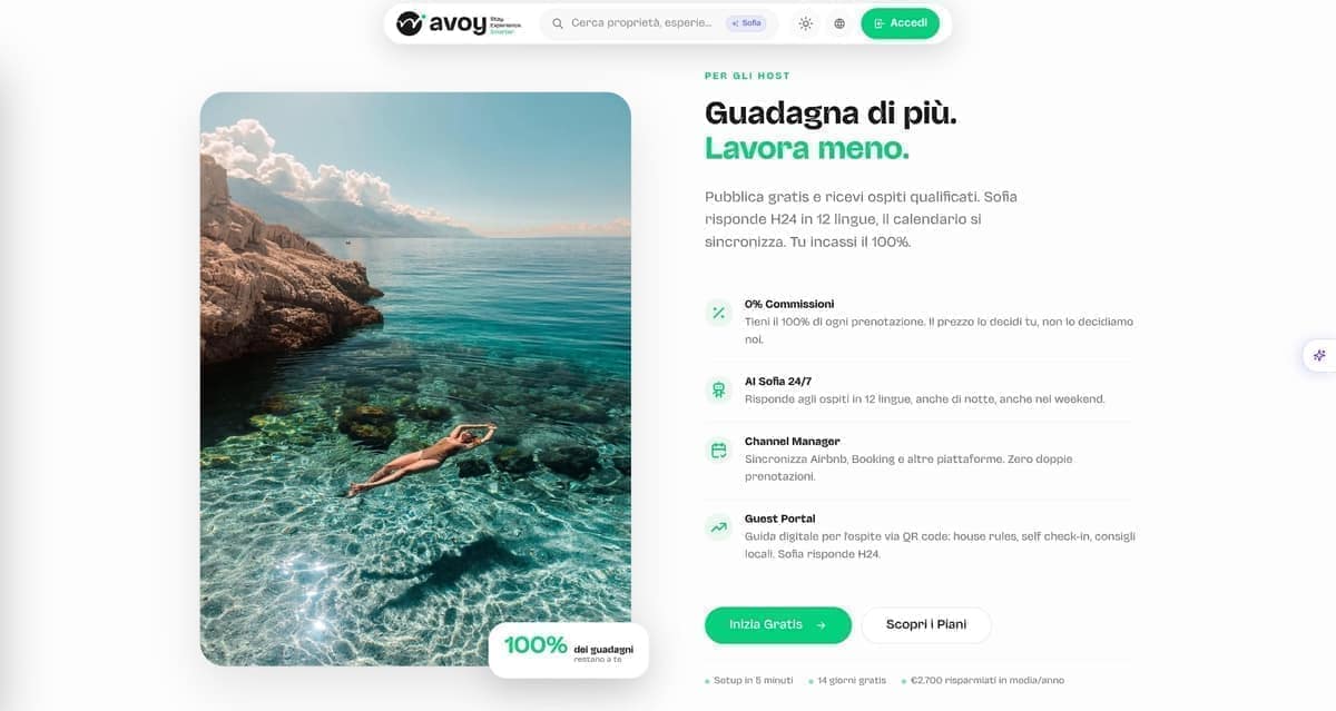Sezione host con il messaggio "guadagna il 100%" senza commissioni