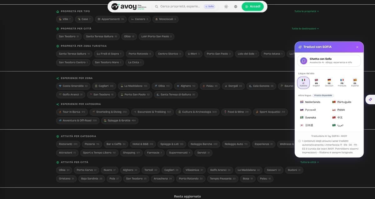 Footer con l'AI concierge Sofia e il selettore delle lingue