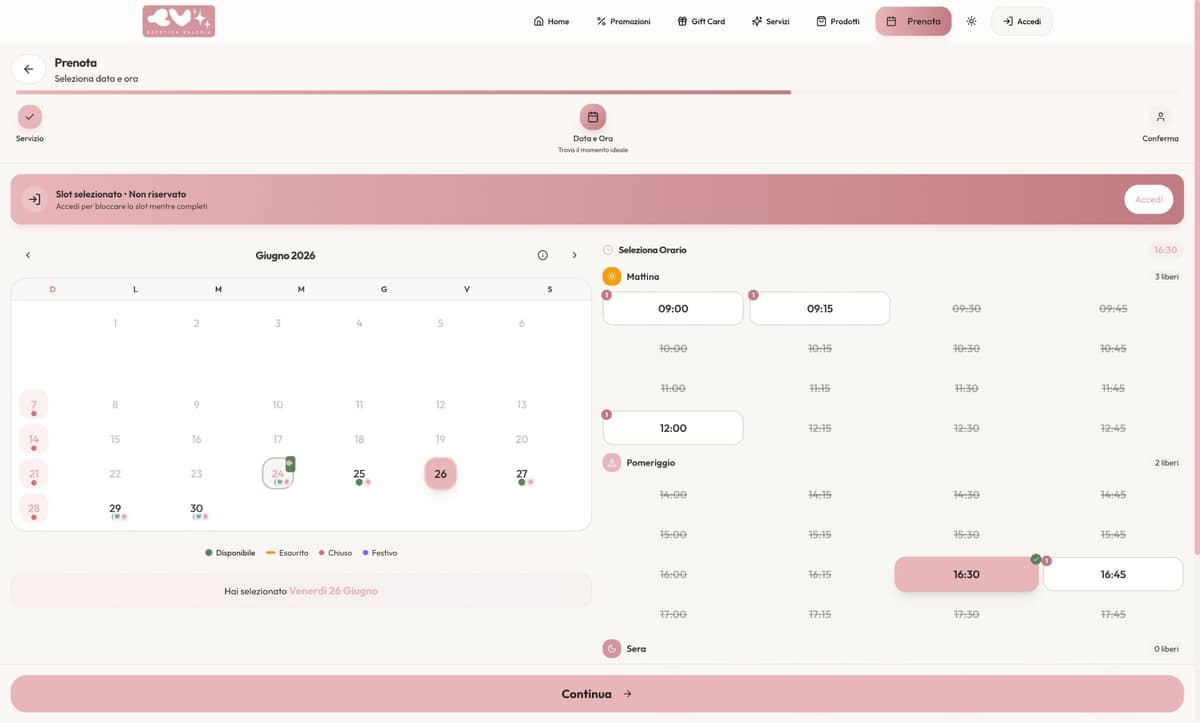 Online booking, date and time selection with available slots