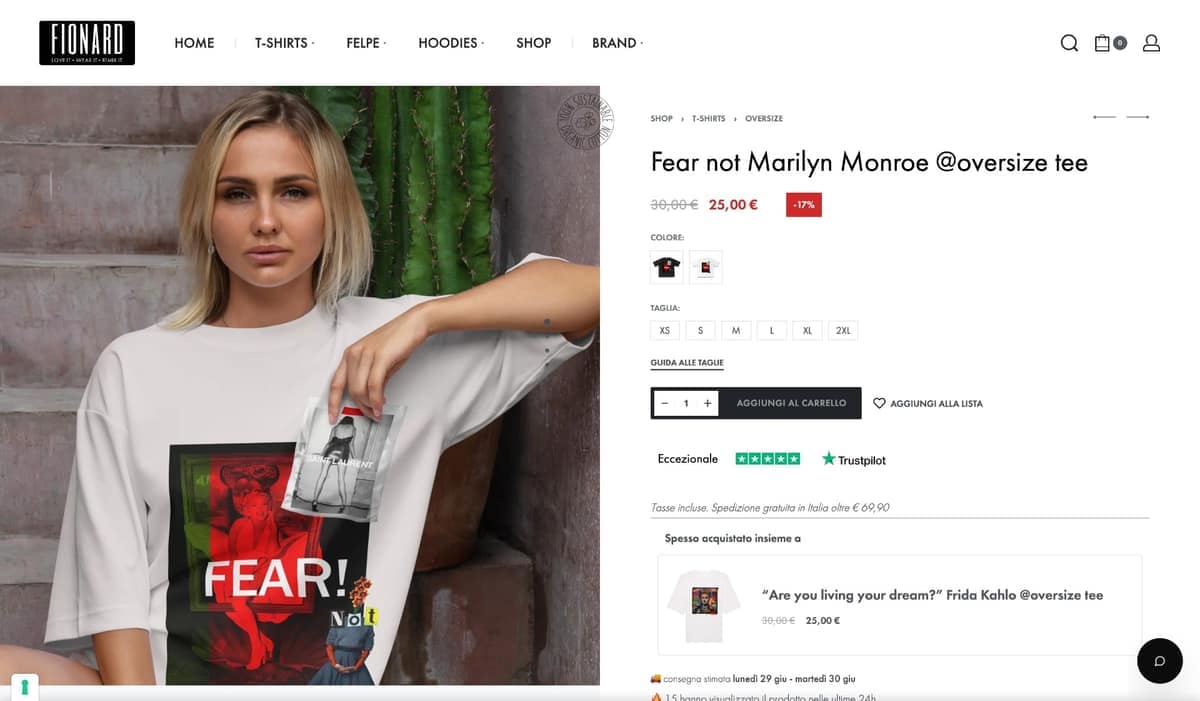 Product page of an oversize garment with colour and size selector