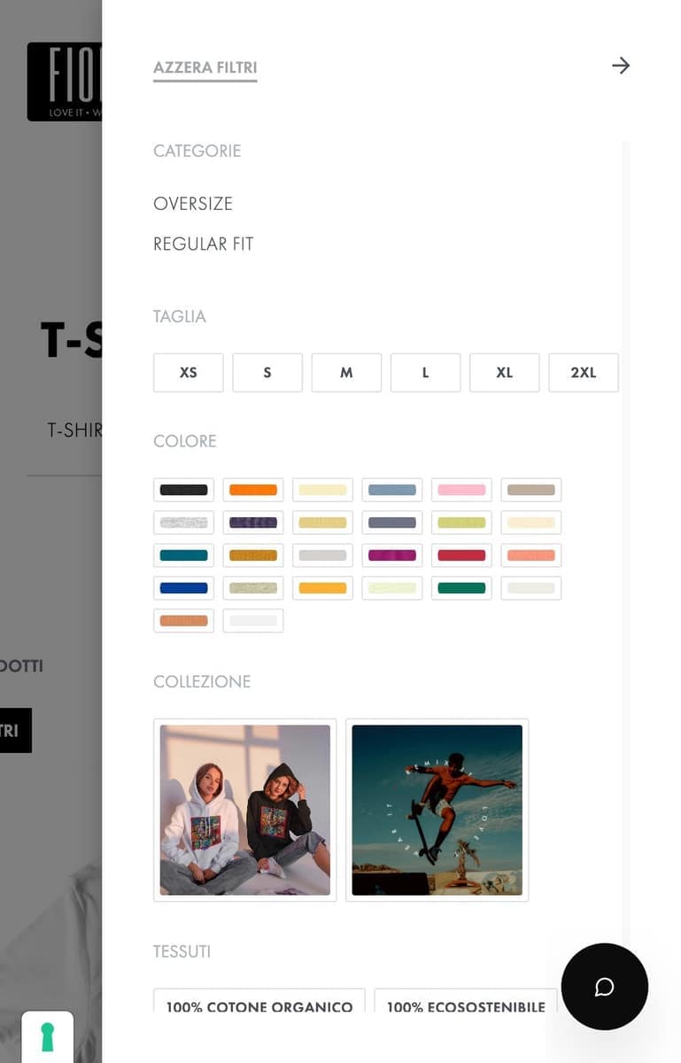 Shop filters by category, size, colour, collection and fabric