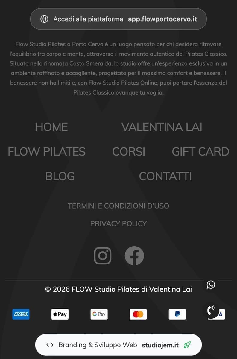 Website footer linking to the classes platform app.flowportocervo.it