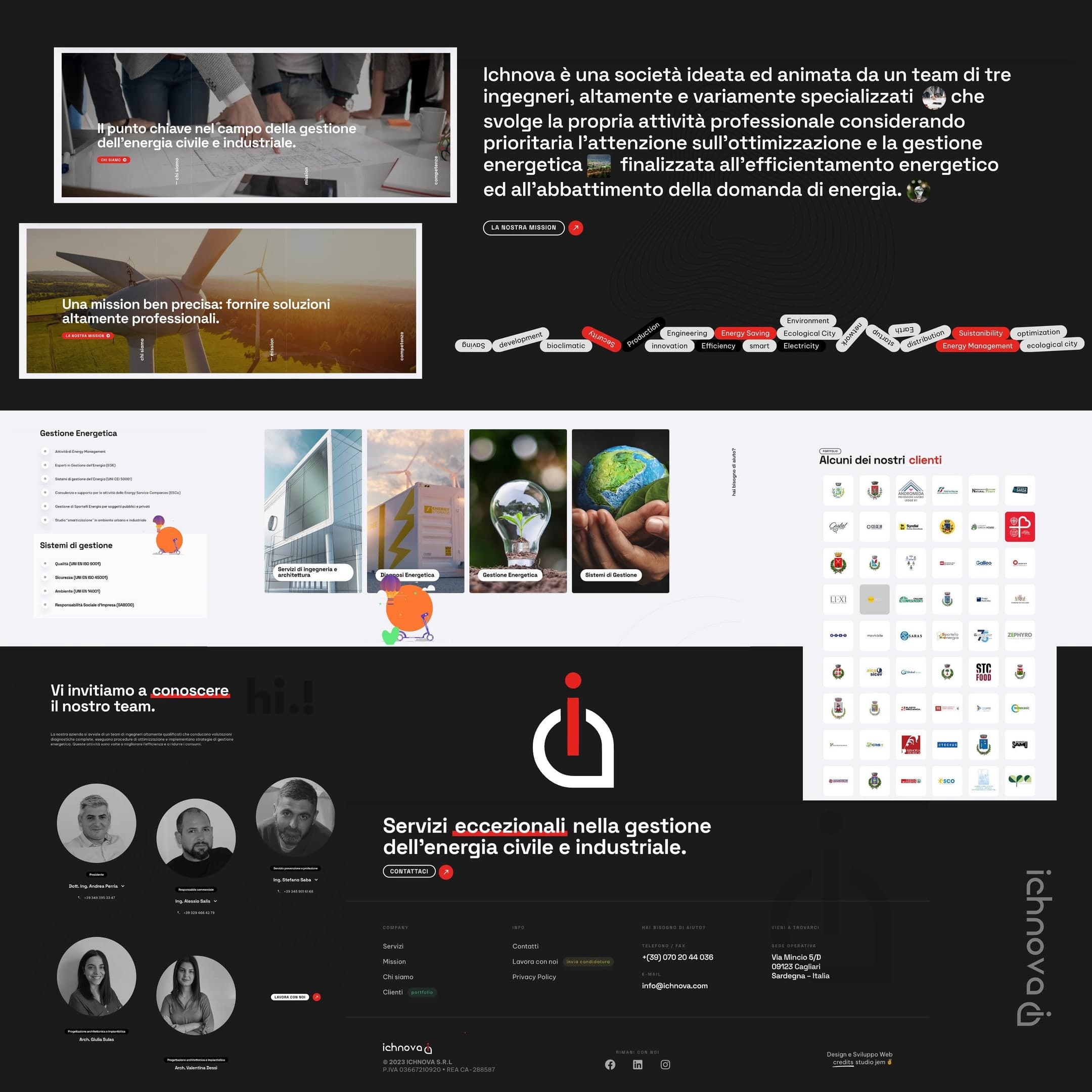 The Ichnova website seen whole in the nine-tile grid: dark hero, mission, services, clients, team and the closing mark