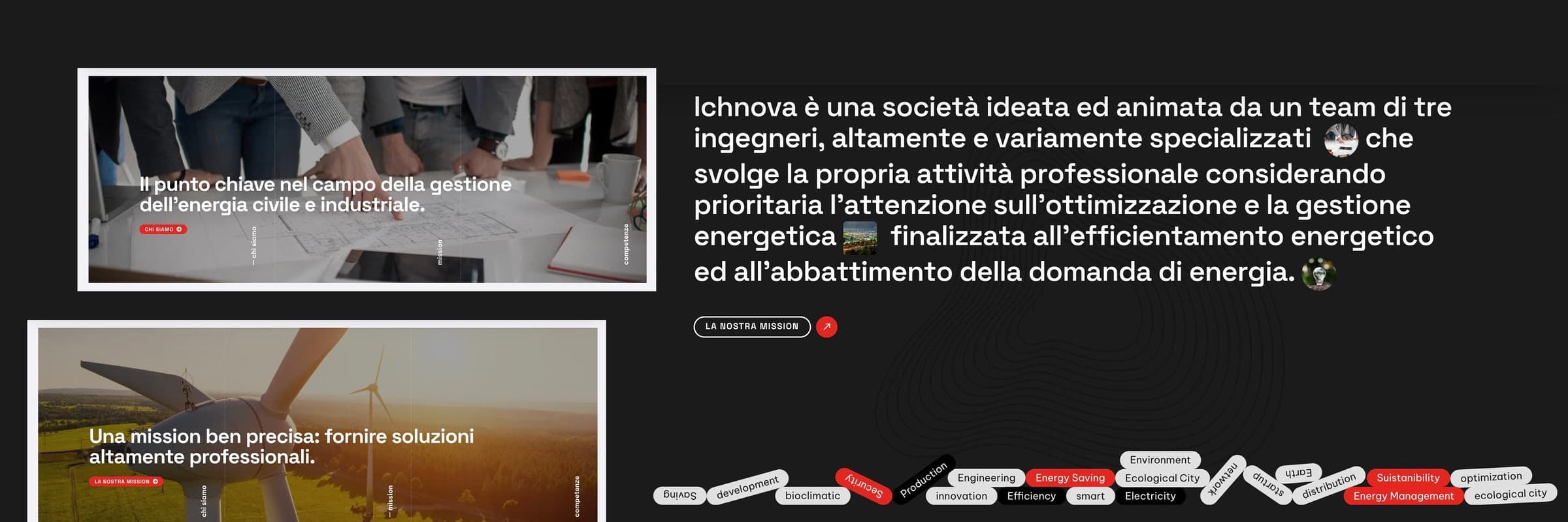 The opening of the site: the worktable photo with the claim on civil and industrial energy management, the introduction of the three-engineer team and the keyword cloud