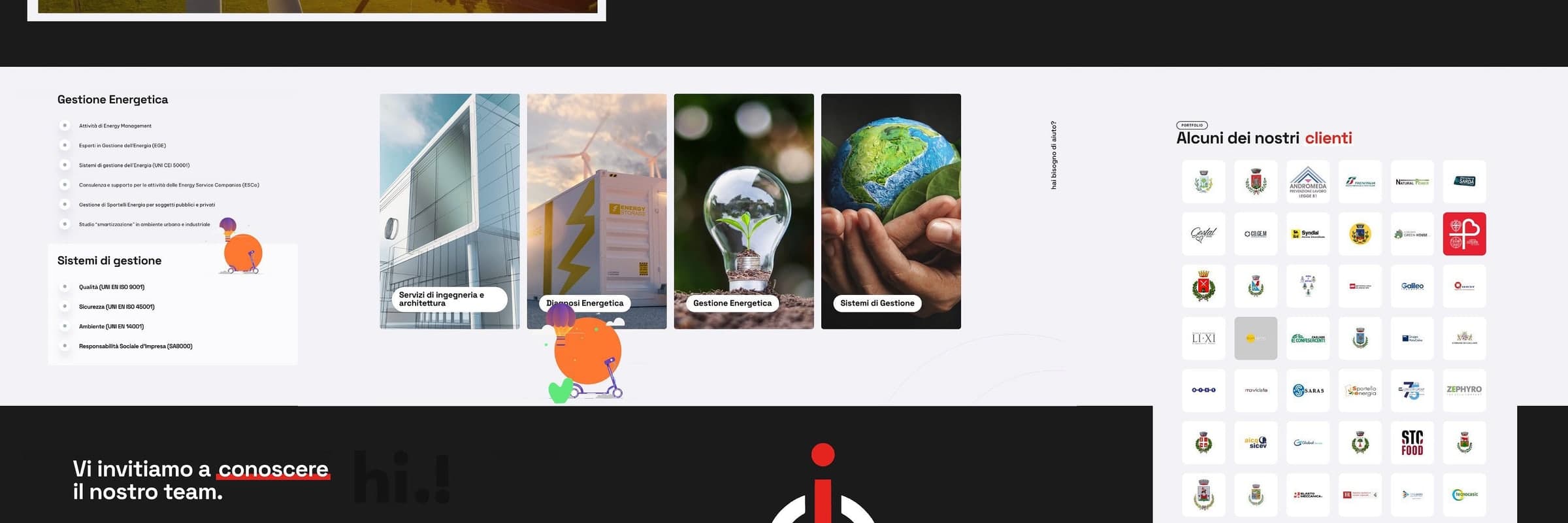 The four service areas with the orange mascot, the energy management and management systems lists, and the wall of client logos