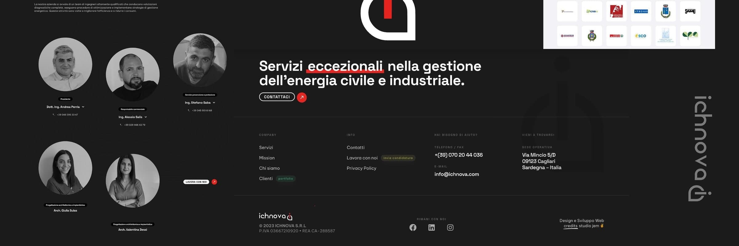 The team in black and white with name and phone number, the mark at full size and the footer with the Cagliari office contacts