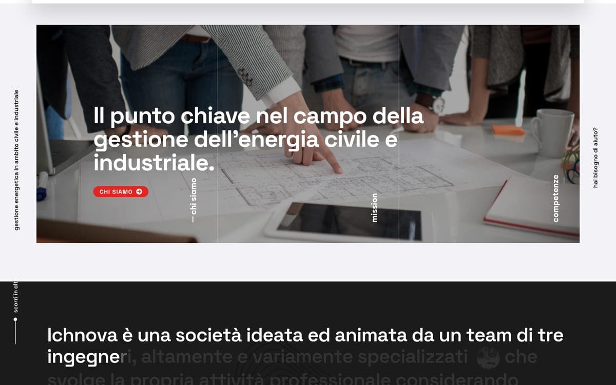 The ichnova.com home today: the worktable photo with the claim on civil and industrial energy management and the about button