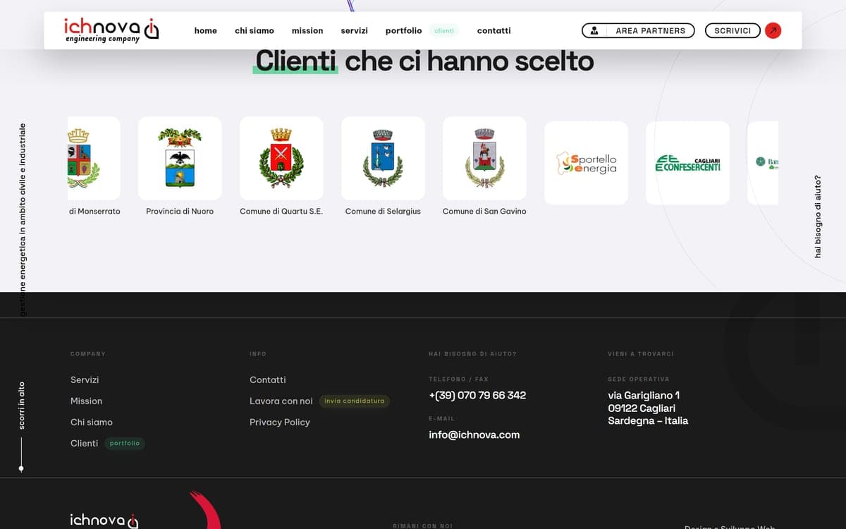 The clients who chose us section, with municipal coats of arms and company logos in a row, and the footer with the Cagliari office contacts