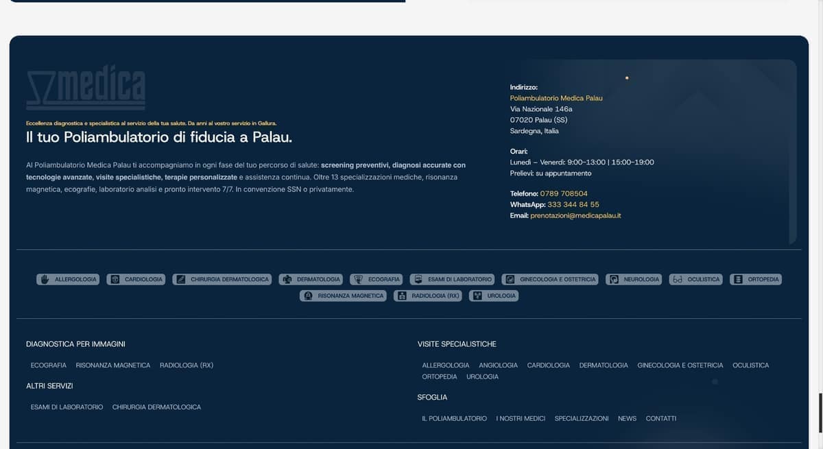 Website footer with contacts, opening hours and practical information