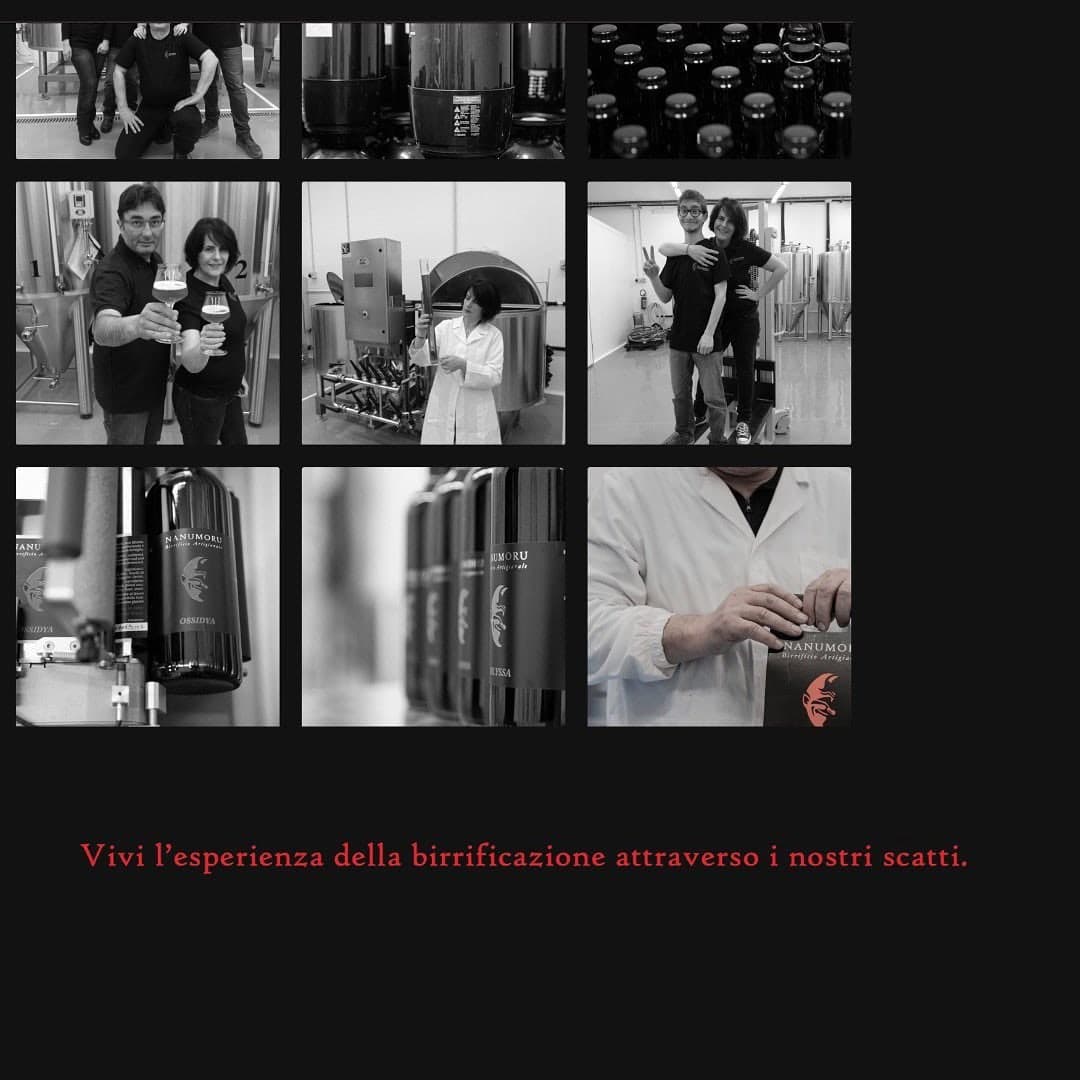 The grid of black and white photographs of work in the brewery, with the invitation to live the brewing experience