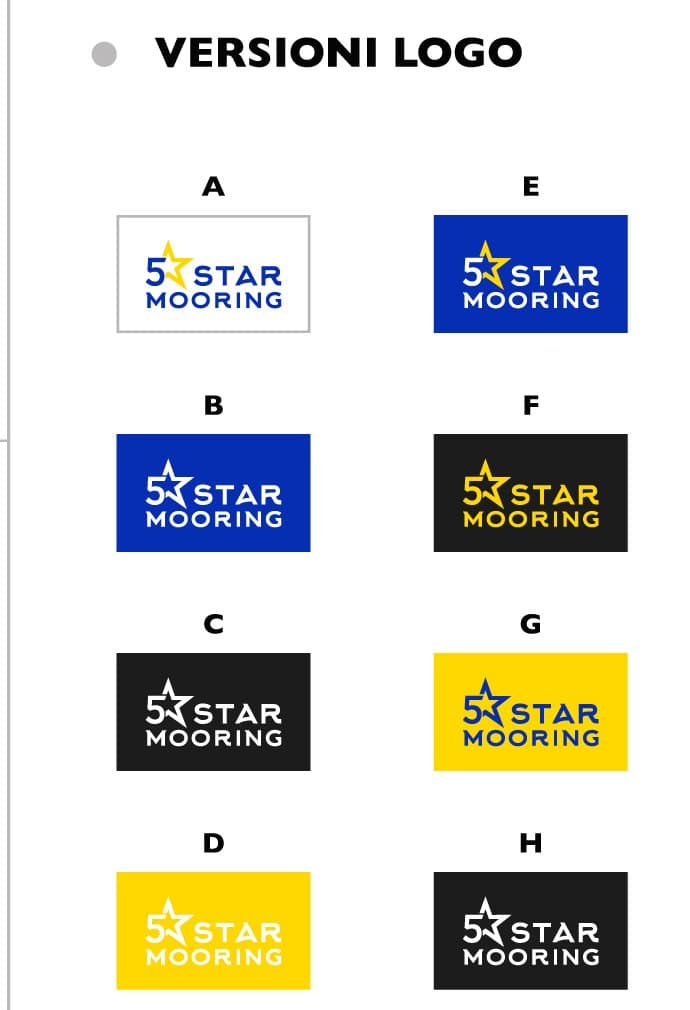 The eight brand versions, A to H: on white, blue, black and yellow, each with its declared colour pairing