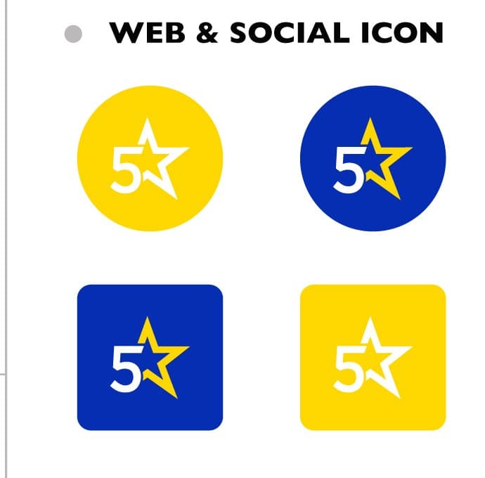 The web and social icons: the starred 5 in the circle and in the tile, in yellow and in blue
