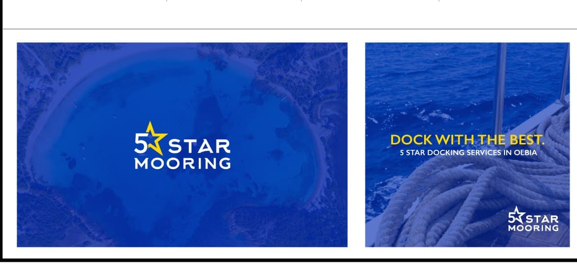 Two social covers on night-sea blue: the mark in negative and "Dock with the best — 5 star docking services in Olbia"