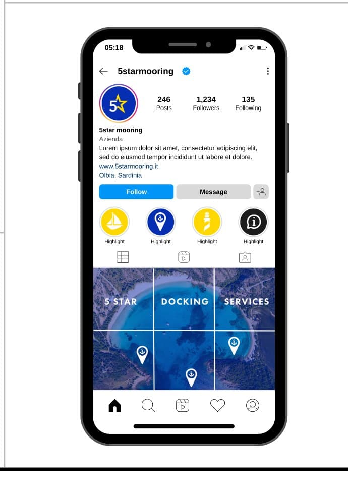 The Instagram profile set up: avatar, highlights with the system icons and the grid of the first posts