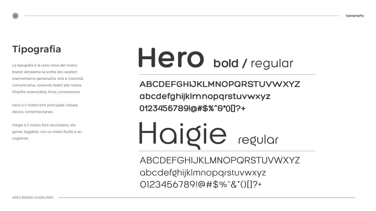 The brand type pairing: Hero bold and regular for headings, Haigie regular for text