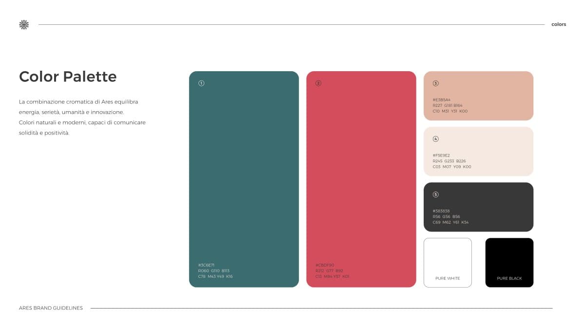 The brand palette: green, coral, cream and black, with print and screen values
