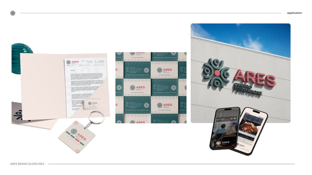 Stationery and environment applications: folder, cards, keychain, building sign and a mobile screen