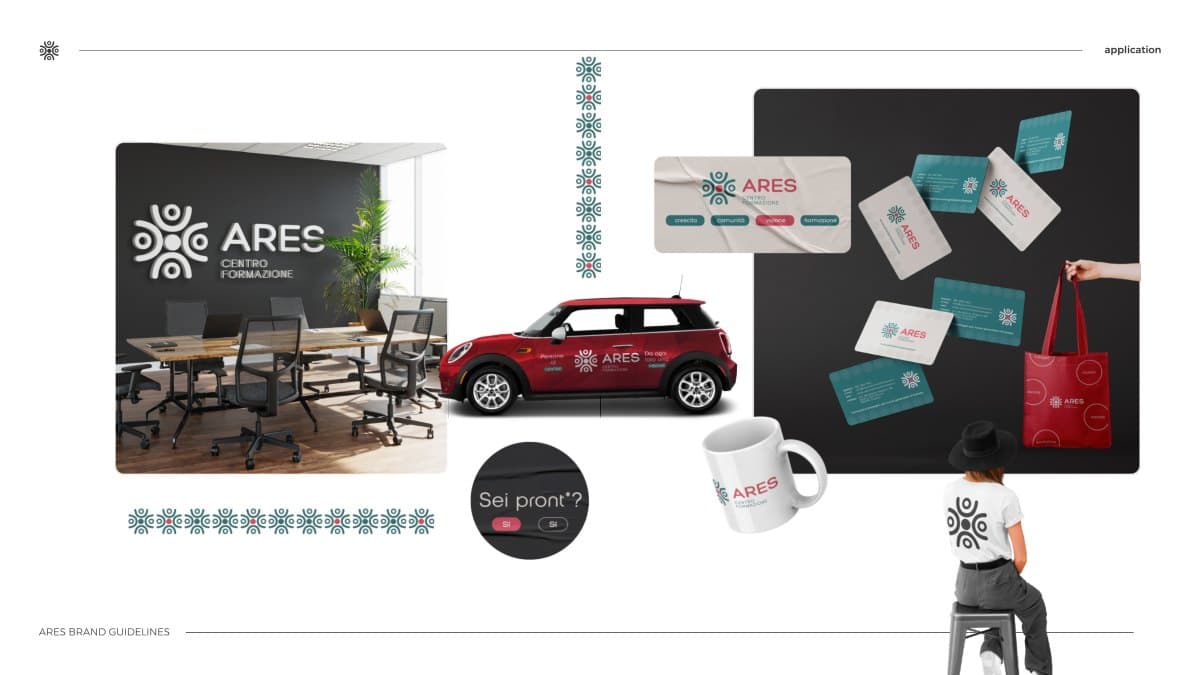 Environment applications: classroom wall, the centre's car, mug, tote bag and cards on the table