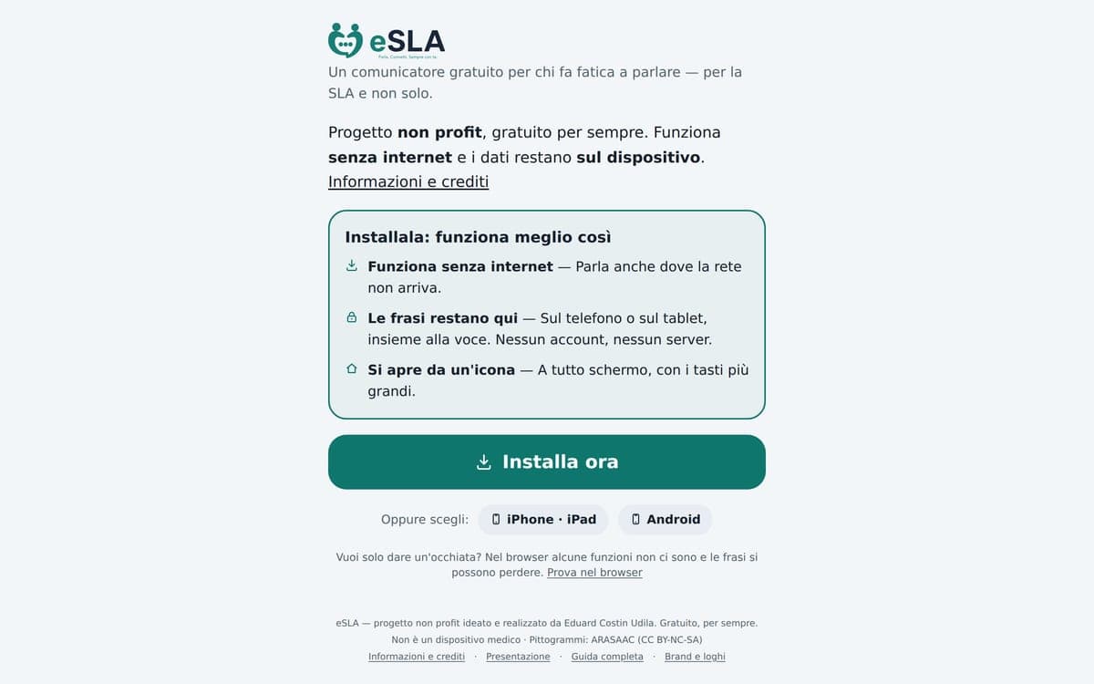 The esla.it page: "A free communicator for those who struggle to speak — for ALS and beyond", with the install card and the "Install now" button