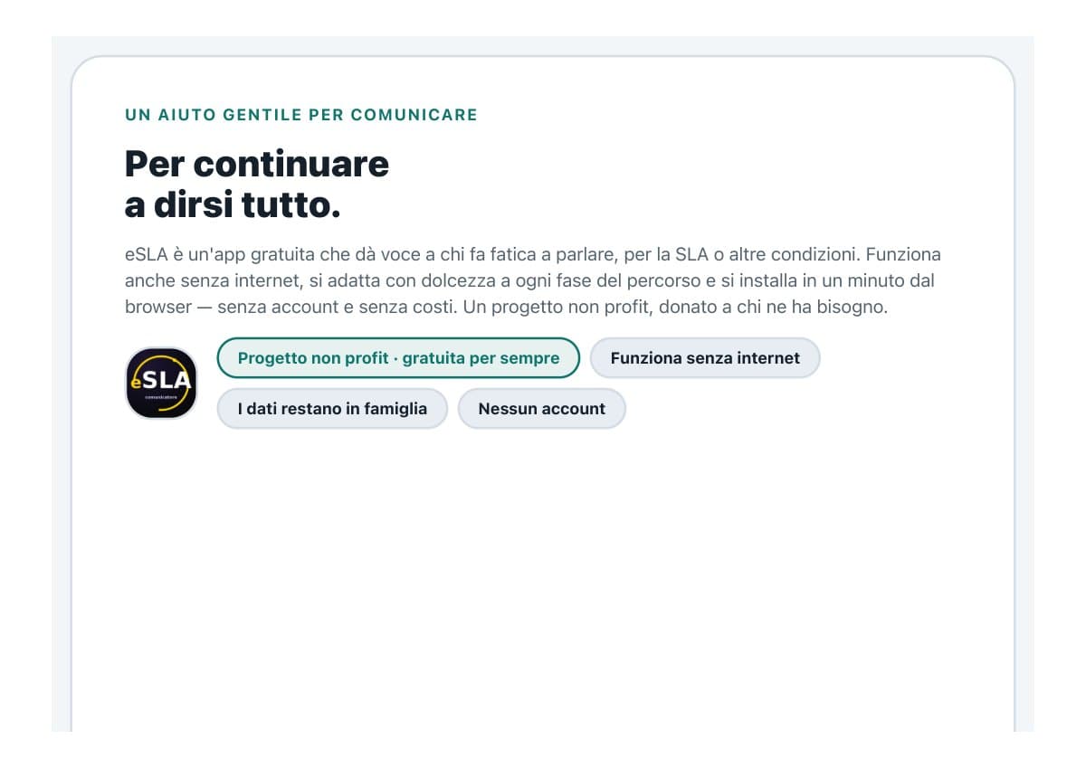 The first page of the project presentation: "To keep telling each other everything", with the four commitments — non profit, offline, data stays in the family, no account