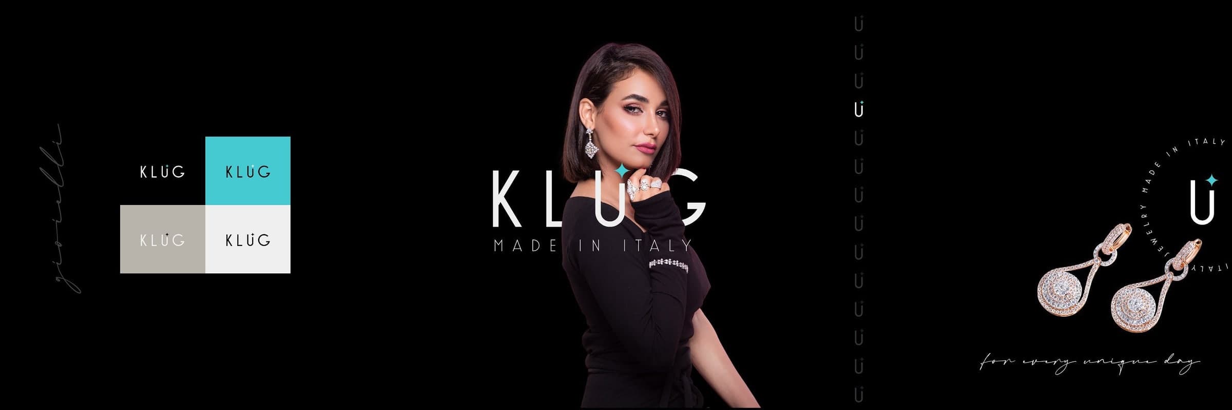 Le quattro versioni del logotipo Klug su turchese, grigio, bianco e nero, il ritratto di campagna con la scritta Klug made in Italy e gli orecchini con il monogramma e la frase for every unique day