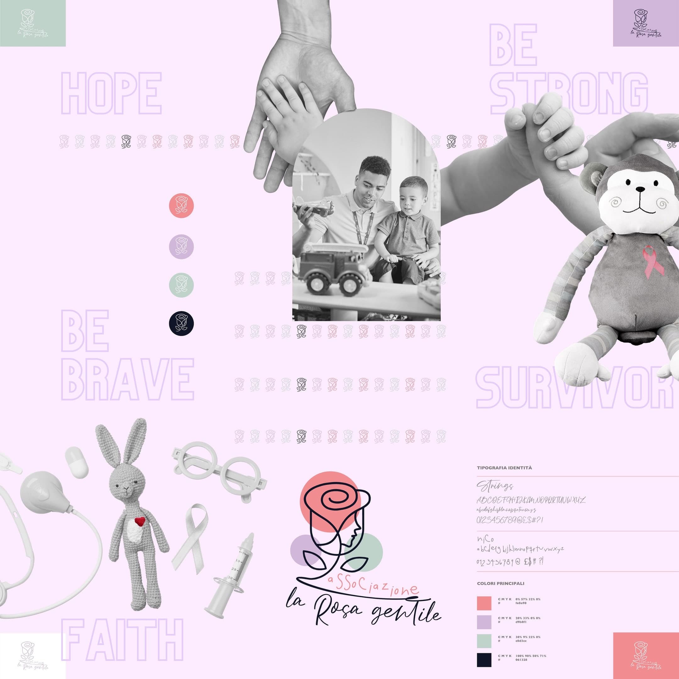 The La Rosa Gentile identity in the nine-tile grid: the campaign words in outline, the black and white photos, the mark and the colour board