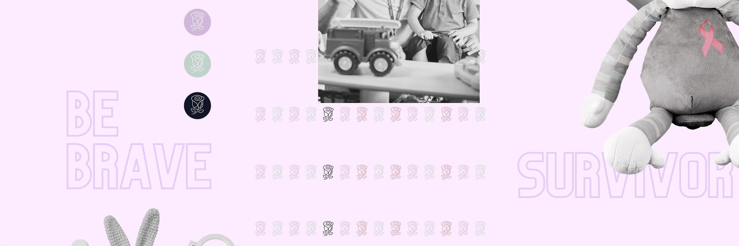 Be brave and survivor with the small-rose pattern, the photo of an adult playing with a child and the plush monkey with the pink ribbon